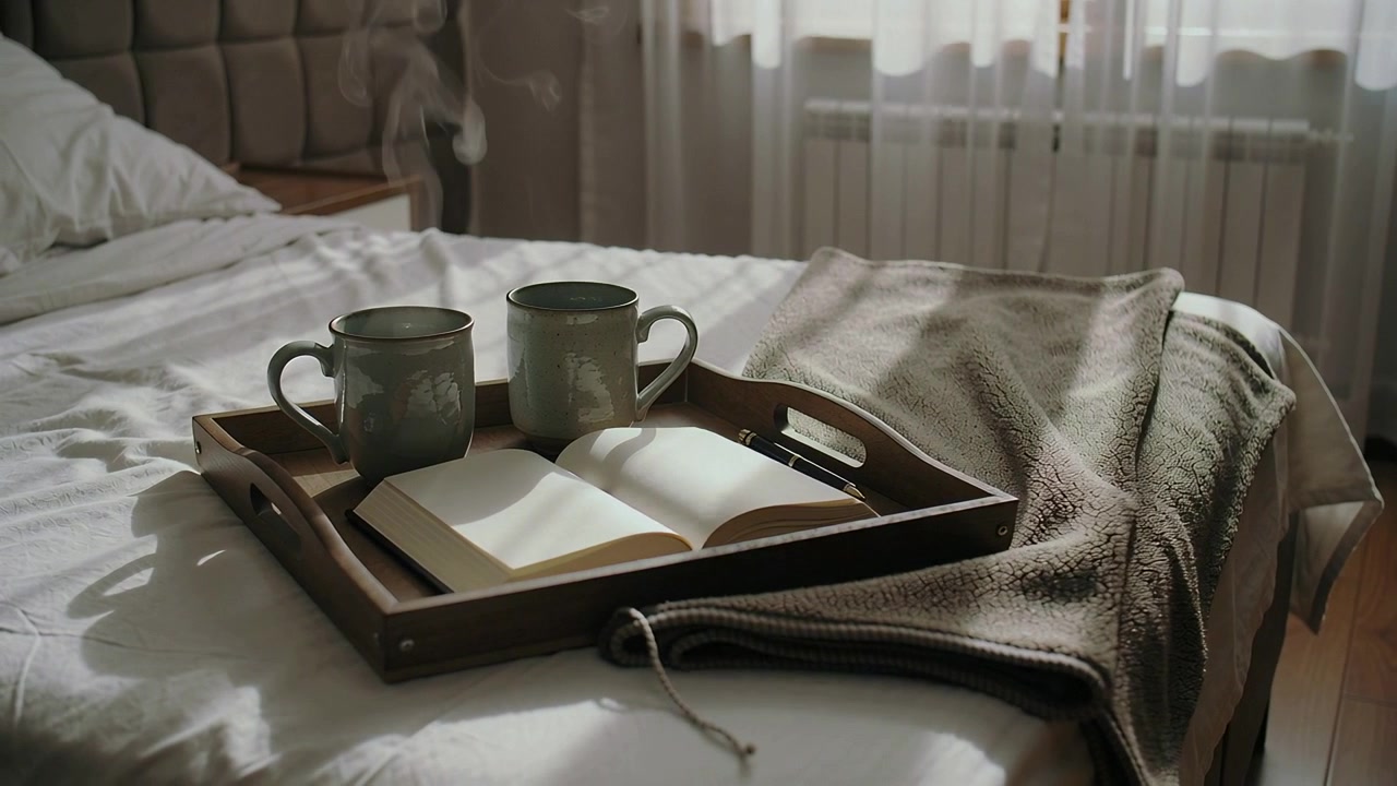Steaming wooden tray holding two green mugs and open book on bed, sunlight signaling morning ritual