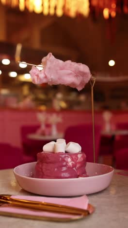 pink dessert with cotton candy and marshmallows