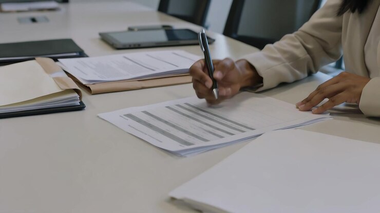 Hand entering holding pen, woman in blazer marking rows for meeting at conference table, copy space