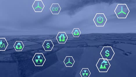 animación de iconos ecológicos y procesamiento de datos sobre el paisaje