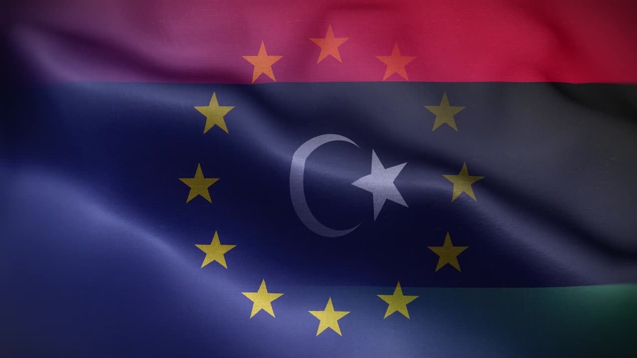 la bandera de la ue y libia en el fondo del bucle 4k