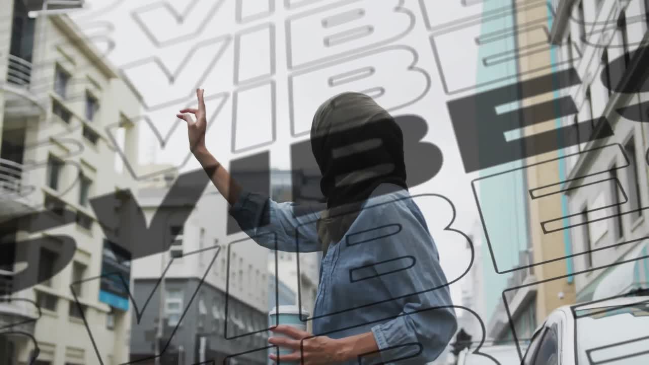 animación de vibraciones de texto sobre mujer con café