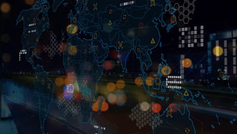 Animation-Der-Datenverarbeitung-Mit-Weltkarte-über-Autos-Auf-Der-Straße-Und-Im-Stadtbild
