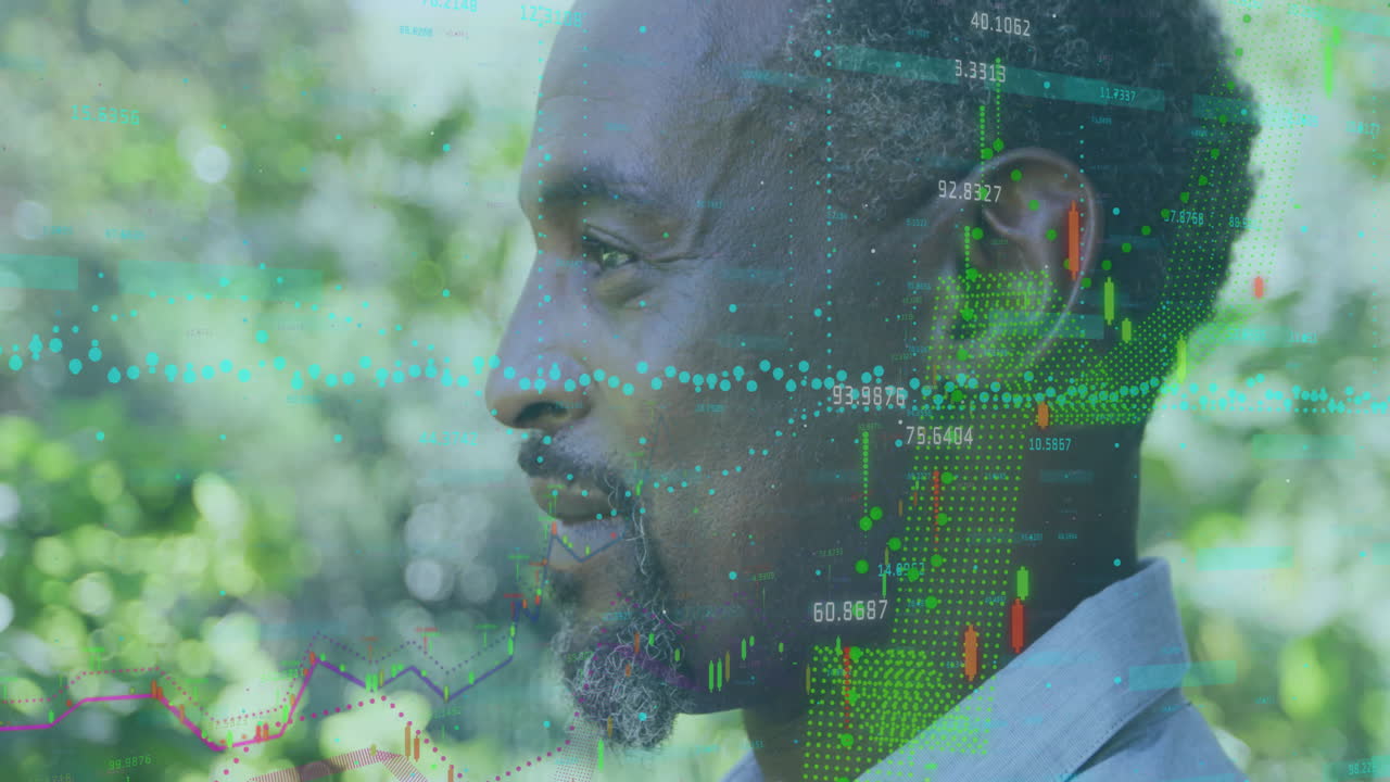 Animation of financial data processing over african american man in city