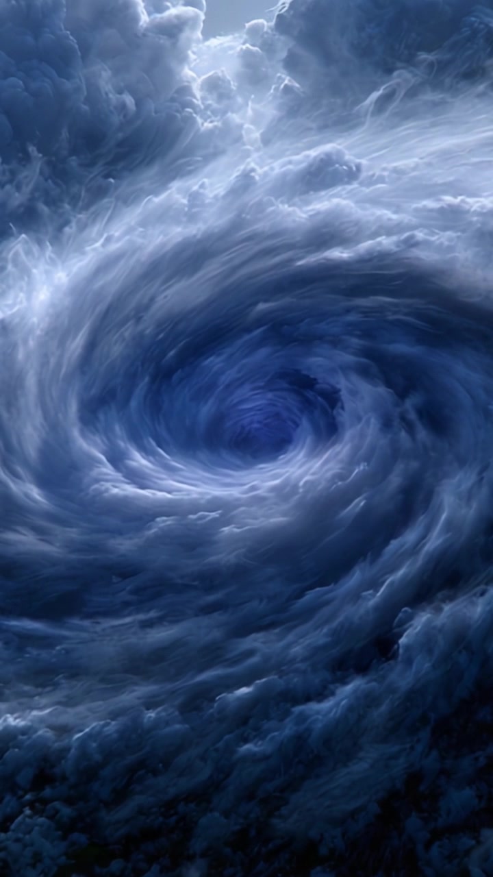 En fængslende hvirvel af mørke og lys: Udforskning af dybderne af en lysende hvirvlende vortex omgivet af tætte, turbulente skyer i en fascinerende atmosfærisk fremvisning.
