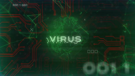 texto de virus y animación de circuito digital sobre globo verde y código binario