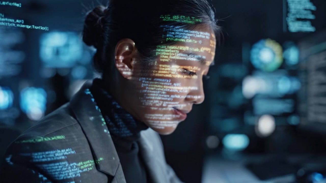 A focused programmer analyzes complex code illuminated on her face while working at multiple high-tech screens, showcasing the synergy between human intellect and machine learning.