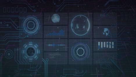 cluster of eight translucent panels floating over grid interface, displaying neon?blue data graphs