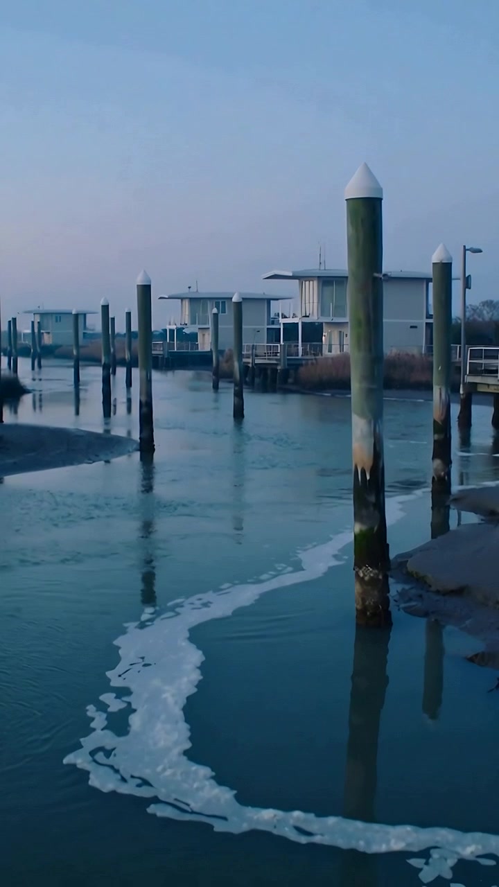 Vertical video: Tidal current moving white foam along marina, showing green piling reflection