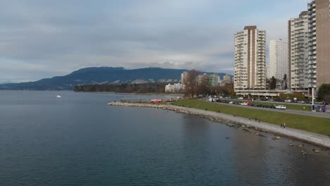 Various-drone-shots-at-English-Bay-near-downtown-Vancouver,-BC-during-Polar-Bear-2019-event