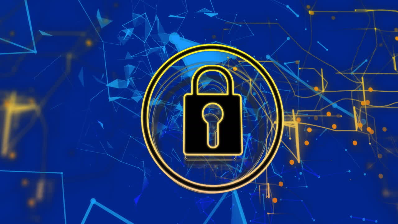 animación del candado, el patrón de navegación y los puntos conectados que forman forma sobre fondo azul