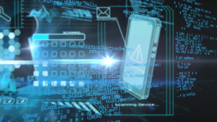 Animation of servers, smartphone and data processing