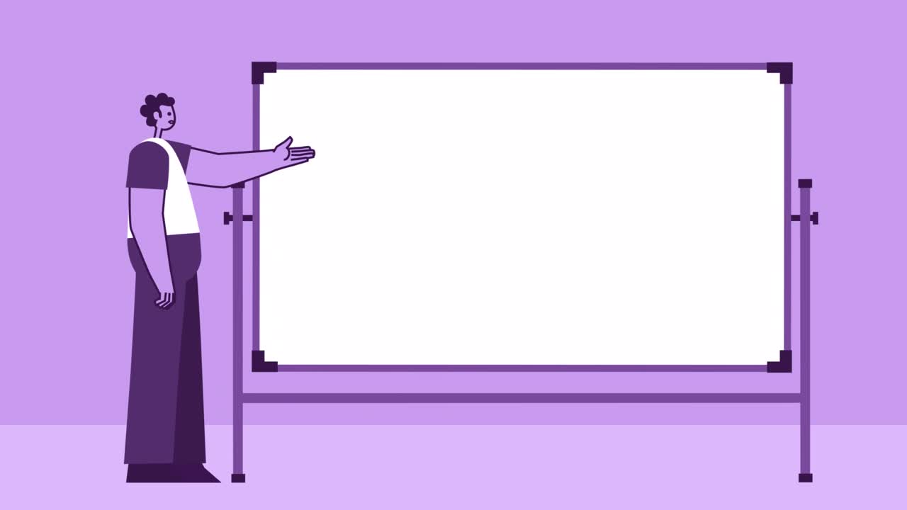 hombre de estilo púrpura altavoz de carácter plano cerca del tablero blanco animación de bucle aislado con canal alfa