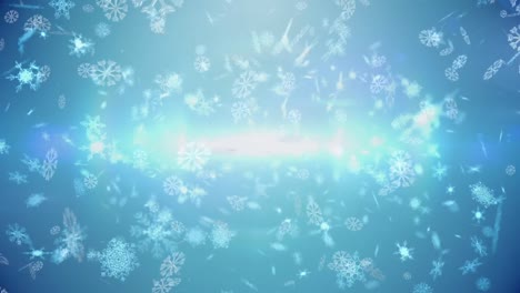 animation of white snowflakes falling over glowing lights on blue background