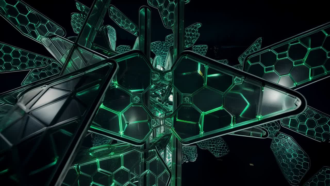 Camera che scivola avvicinandosi al nucleo attraverso uno stretto corridoio, rivelando pannelli esagonali illuminati di verde e reticolo