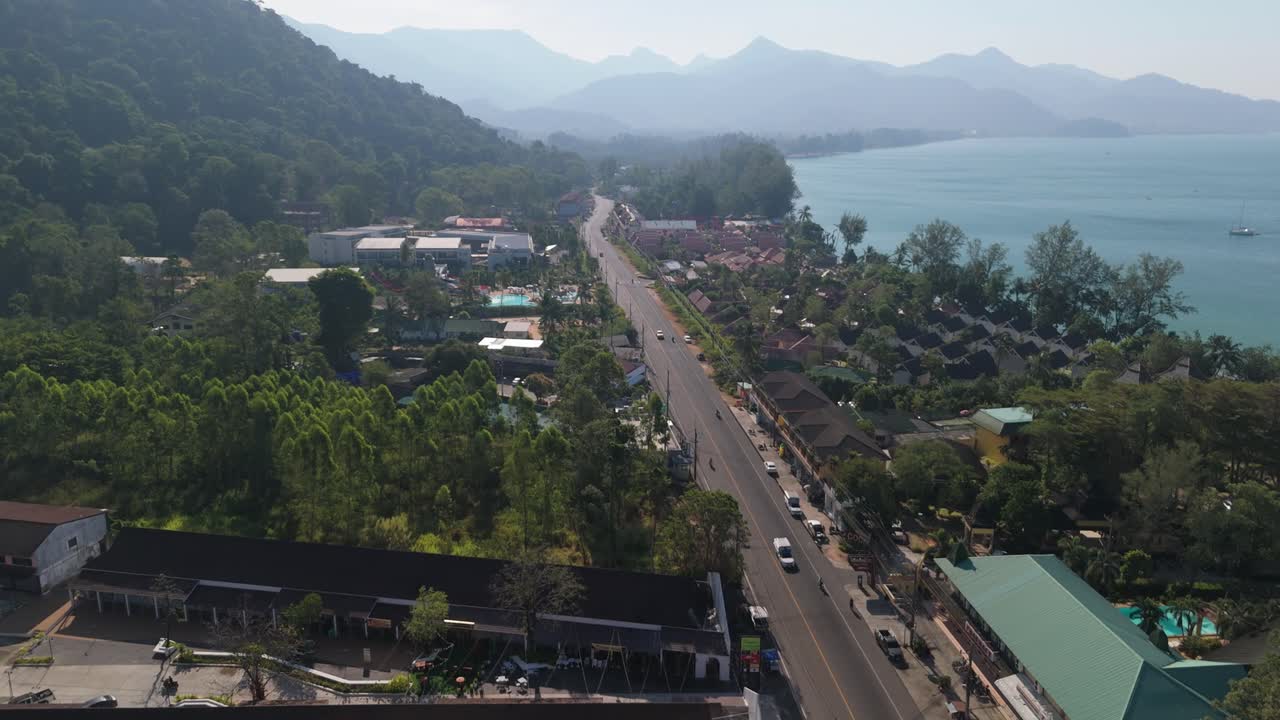 Drone Shot of Chia Chet Tourist Area, Koh Chang, with main roads plaza and resorts