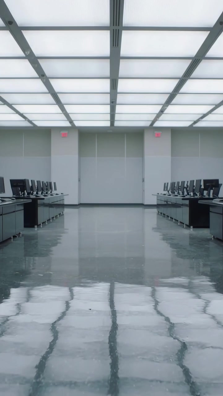 Vídeo vertical: Câmera deslizando de baixo por um laboratório de informática, revelando fileiras de monitores