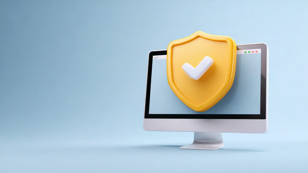 A Modern Computer Screen Featuring a Yellow Security Shield Icon Symbolizing Cyber Protection and Data Safety in the Digital World