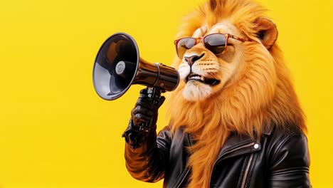 a lion wearing sunglasses and a leather jacket holding a megaphone