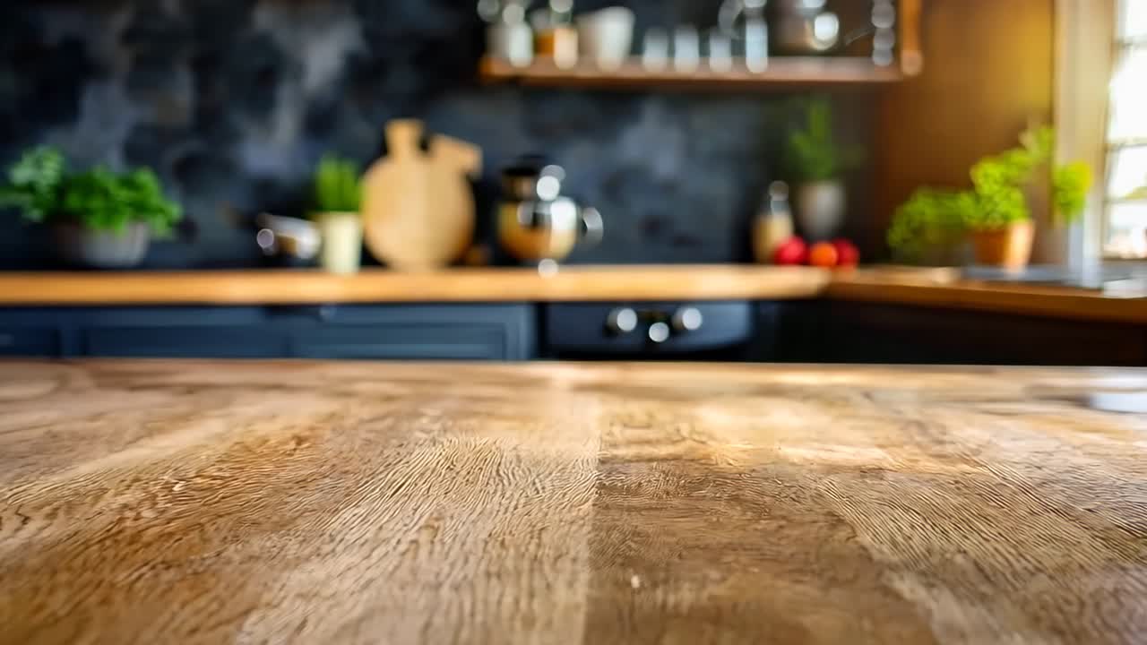 una mesa de madera en una cocina con una ventana en el fondo