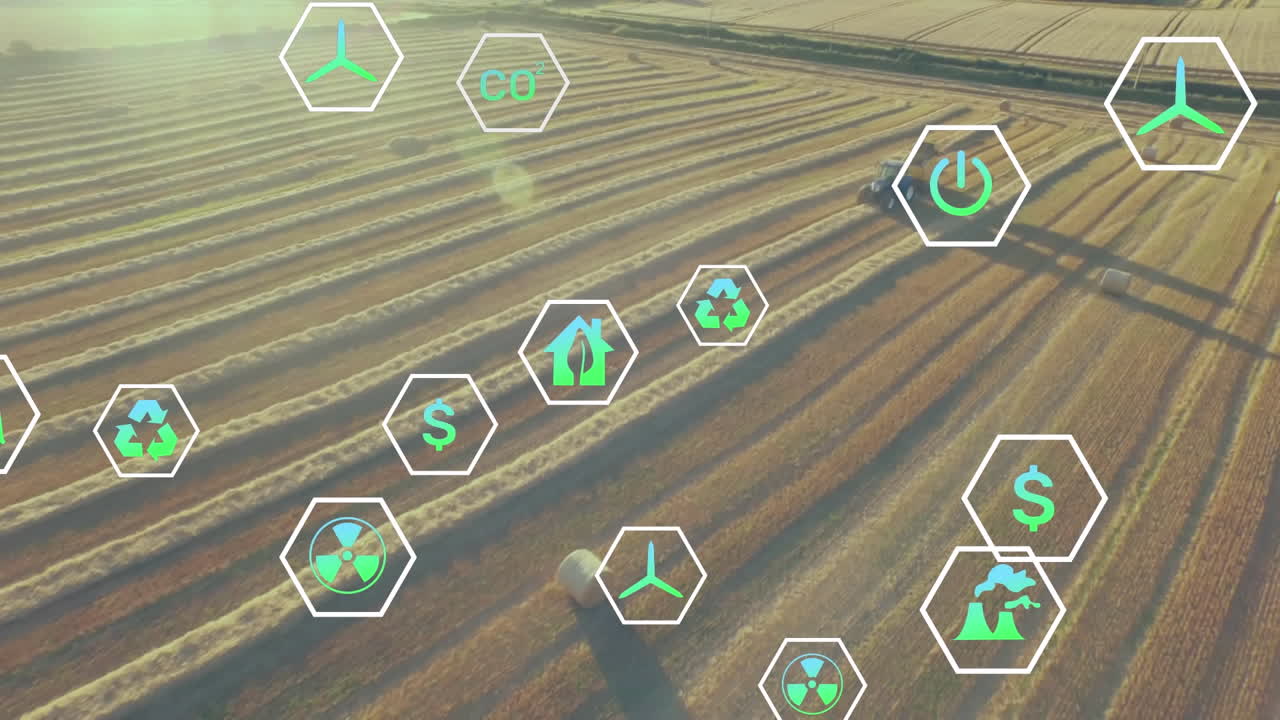 필드 위의 디지털 생태 및 녹색 에너지 아이콘의 애니메이션