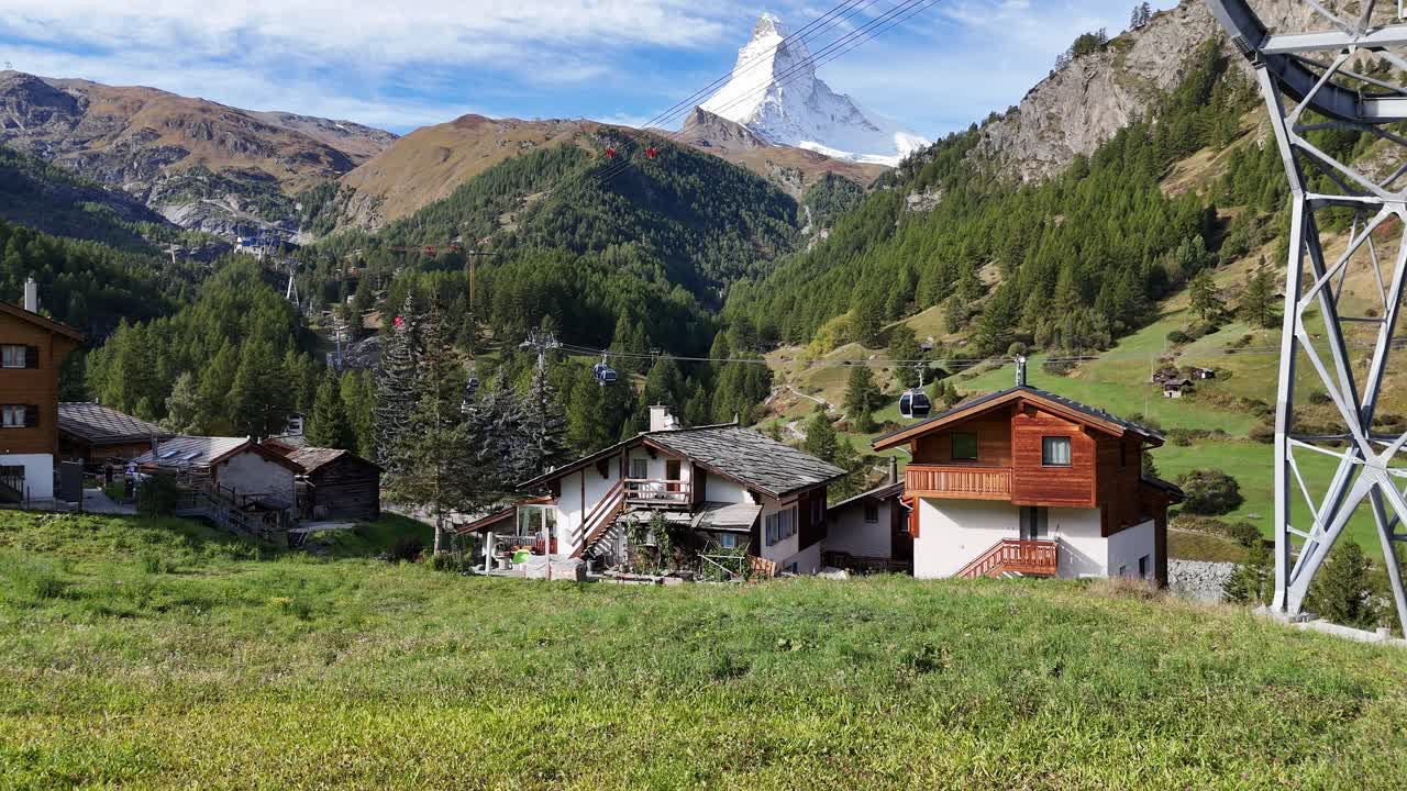 The Matterhorn, and ski gondola lifts of Zermatt, Switzerland