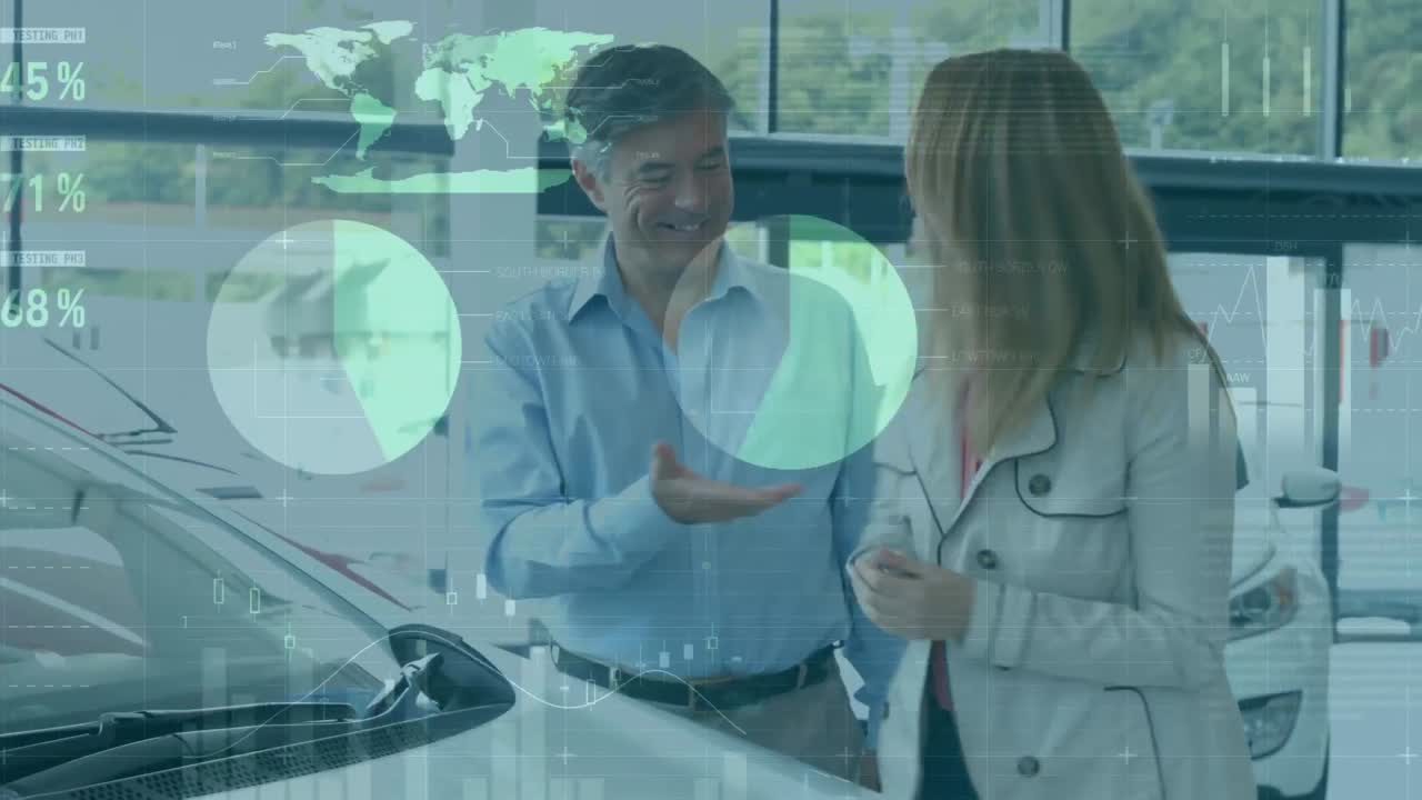 animación de estadísticas con procesamiento de datos sobre una pareja caucásica de pie junto a un coche