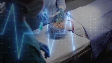 animación de cardiógrafo sobre diversos cirujanos que operan a un paciente en el hospital