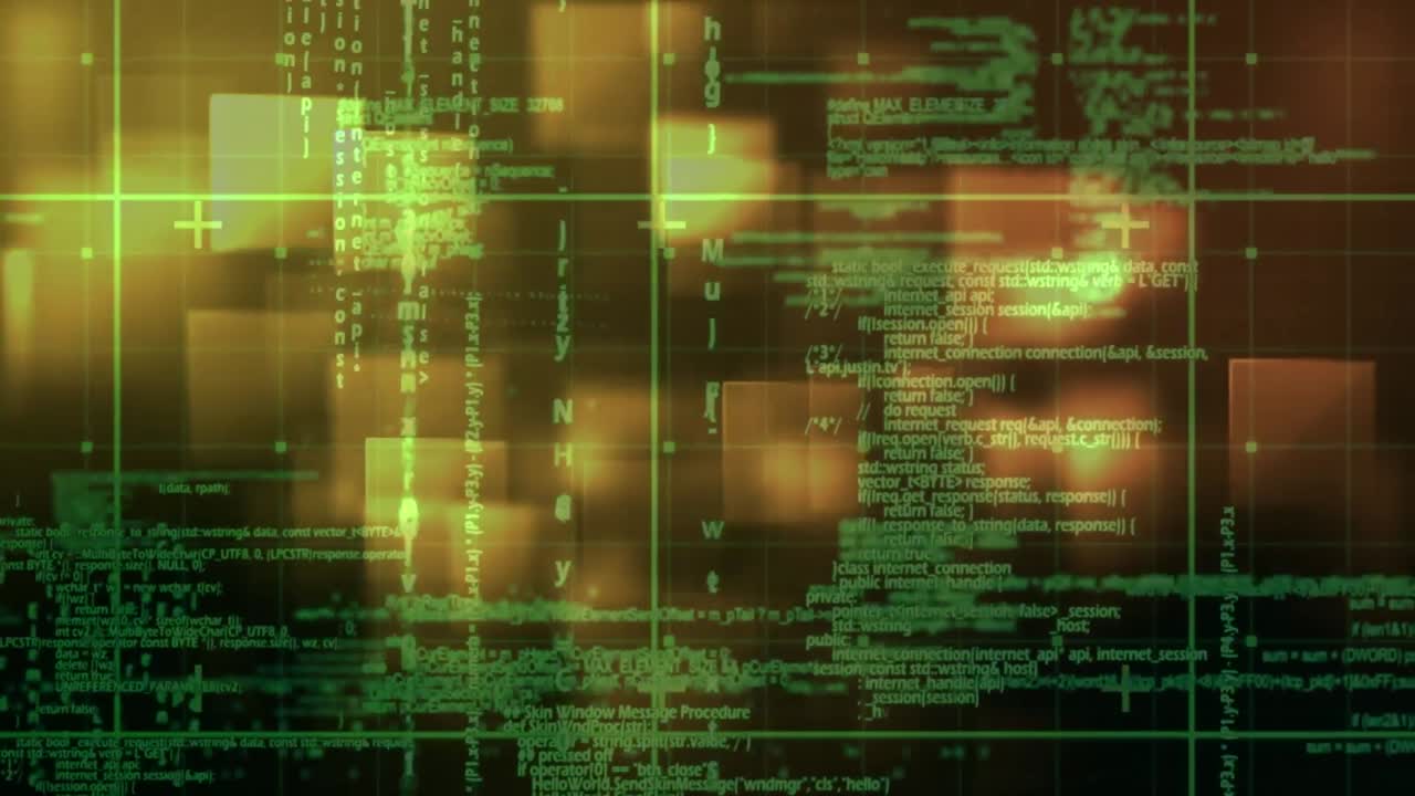 Animation of squares and data processing on black background