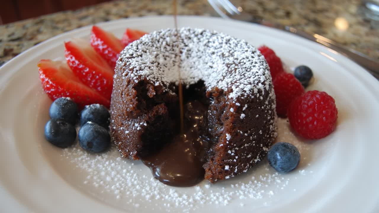 Indulgent Chocolate Lava Cake with Fresh Berries and Powdered Sugar, Capturing the Decadent Moment of Liquid Chocolate Flowing from a Soft Center