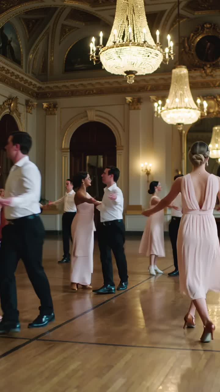 Vertikal video: Glidande par i mitten som vänder med köstart, pastellfärgade klänningar på polerat golv