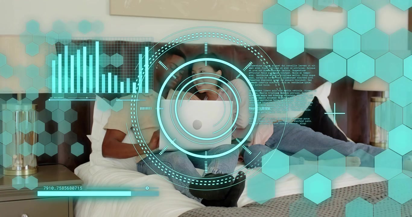 Man and woman adjusting laptop angle on bed, typing and pointing screen for relaxed tech browsing