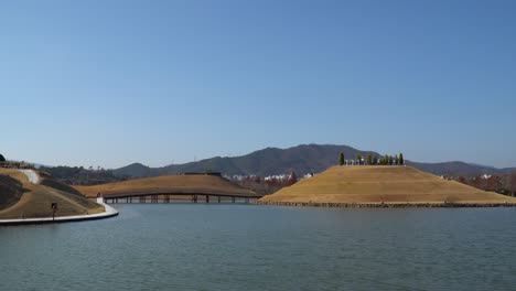 Unique-Lake-Garden-against-clear-sky-in-Suncheonman-Bay-National-Garden,-Suncheon-South-Korea