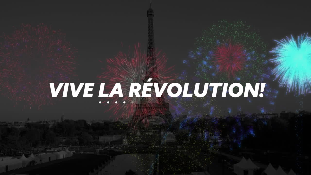 Animación del texto "Viva la Revolución" con fuegos artificiales y fondo de la Torre Eiffel