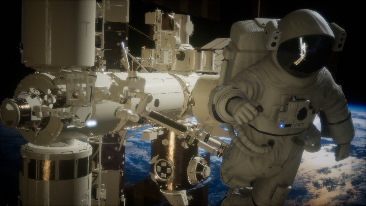 Stazione Spaziale Internazionale e astronauta nello spazio sopra il pianeta Terra
