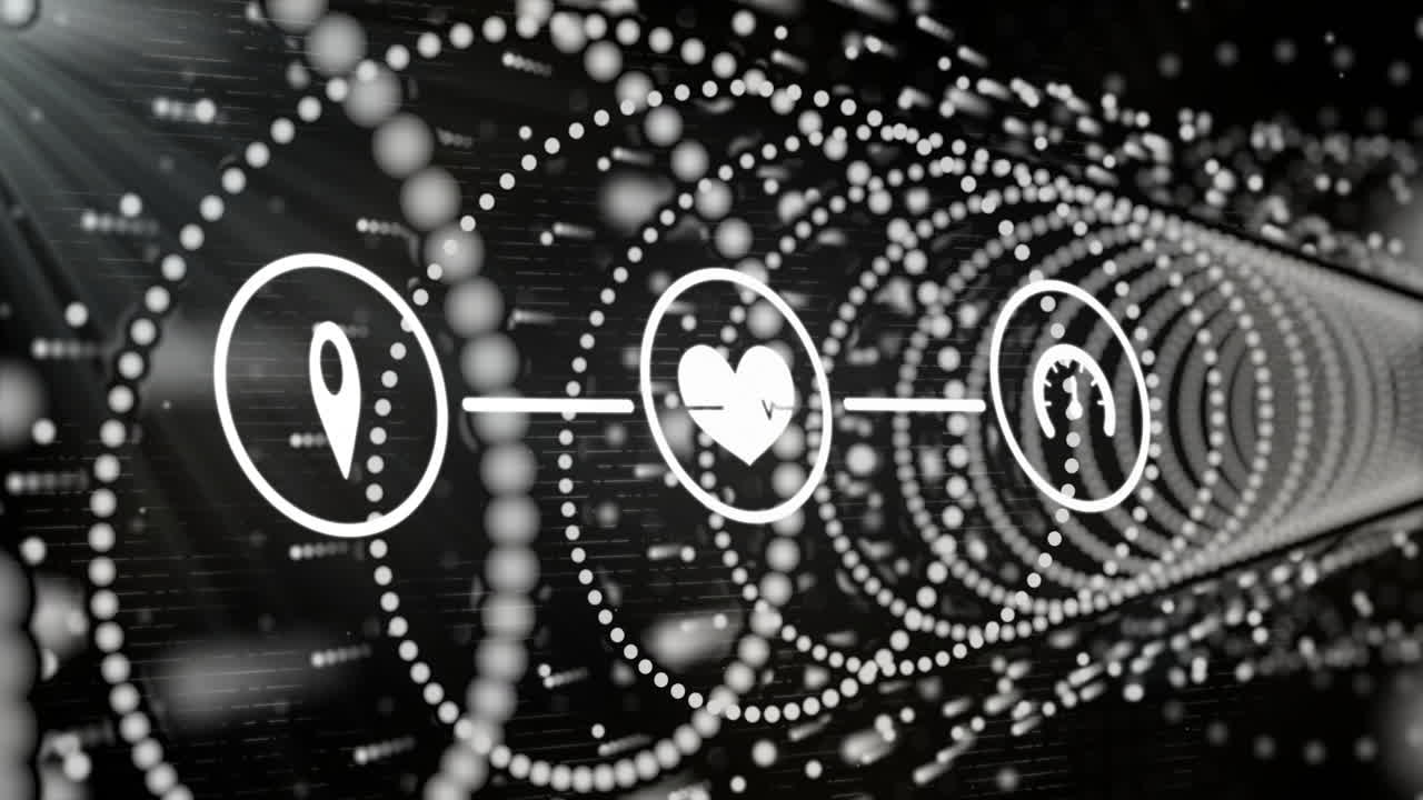 Heart and brain icons connected by lines over digital tunnel animation