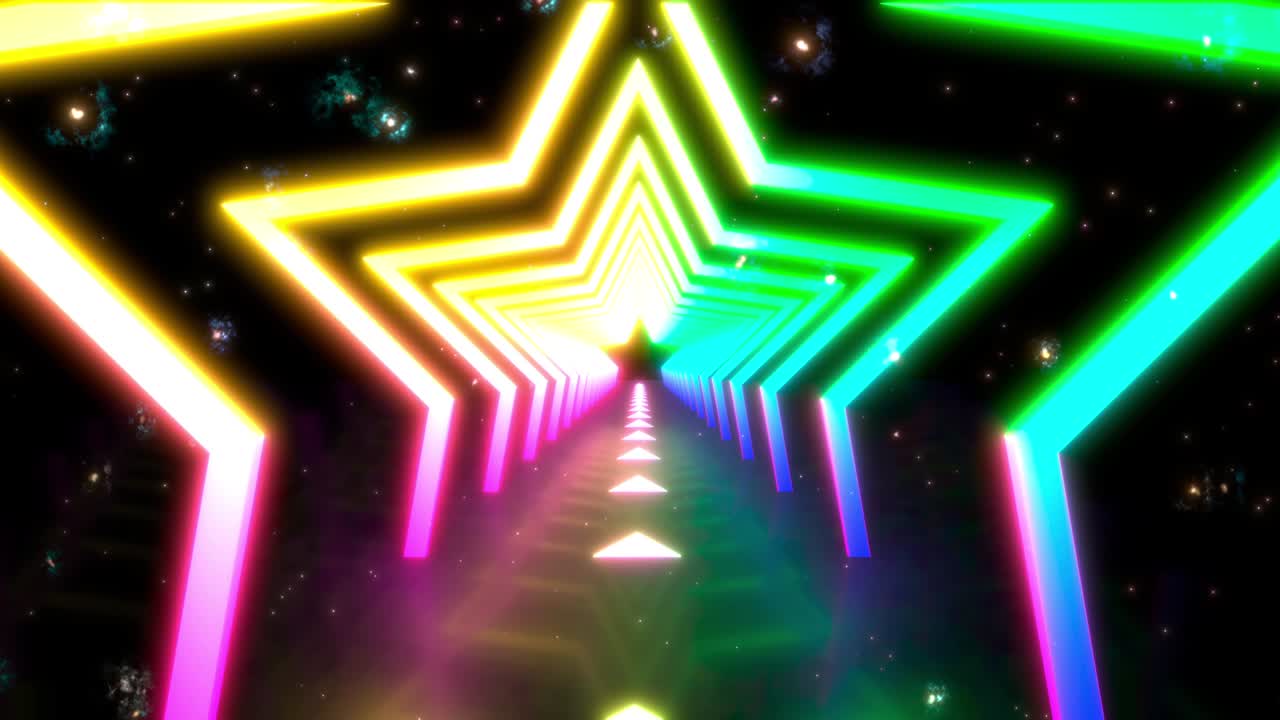 volo astratto nel corridoio delle stelle della discoteca futuristica. anello senza cuciture sfondo 4k, luce ultravioletta fluorescente, spettro blu rosa verde, rendering 3d