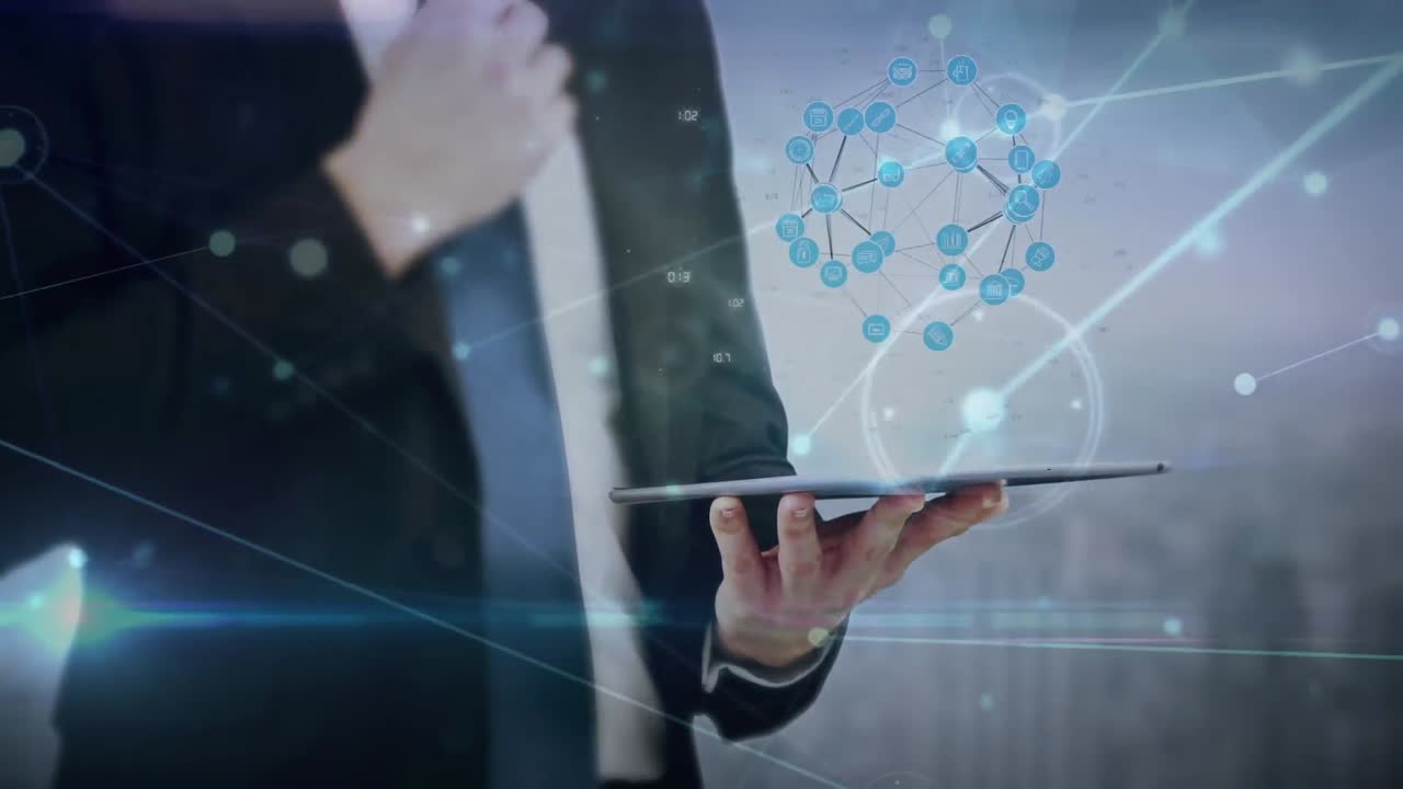 태블릿을 사용하는 코카시안 사업가에 대한 연결 네트워크의 지구촌의 애니메이션