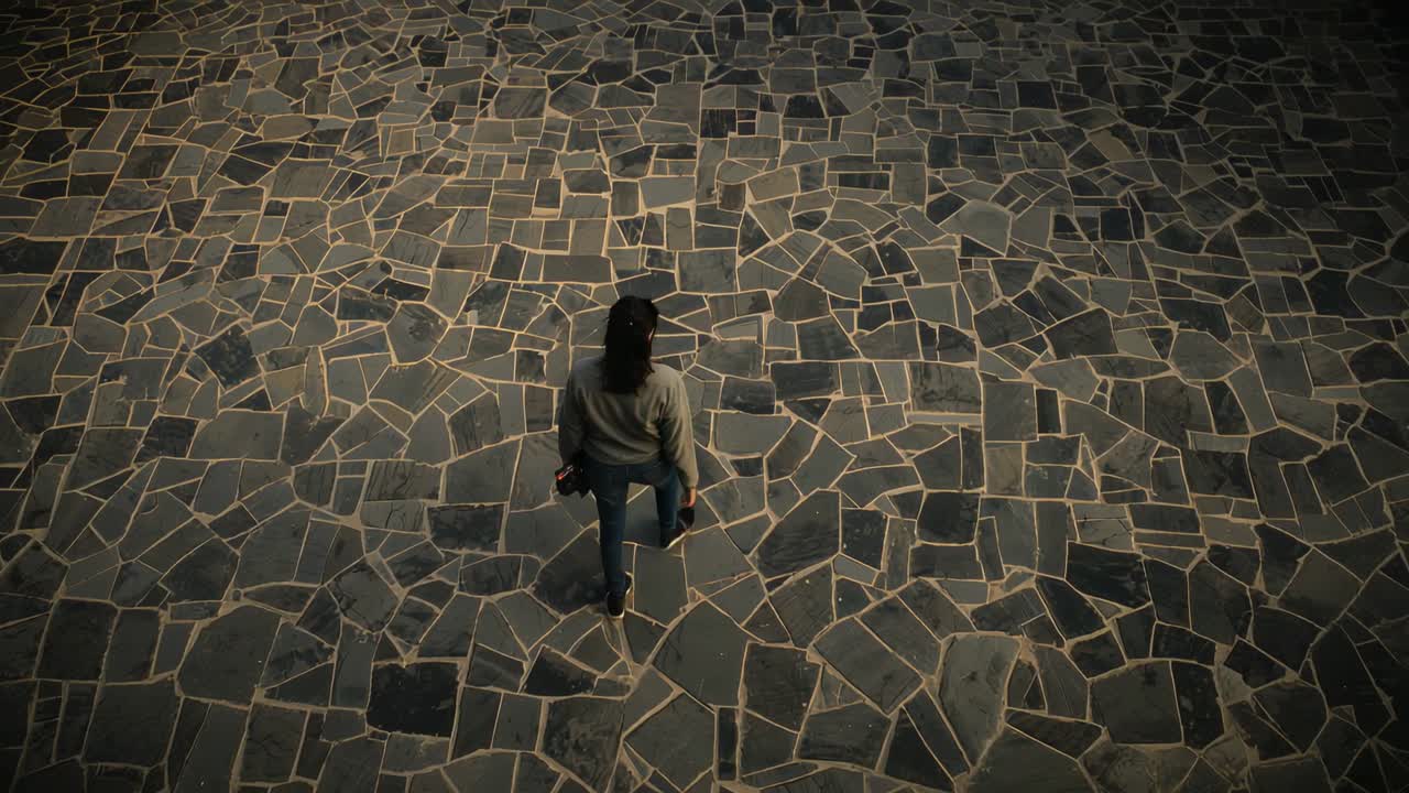 Donna che cammina con felpa grigia e jeans blu che fa il primo passo su una piazza lastricata tenendo in mano un oggetto scuro