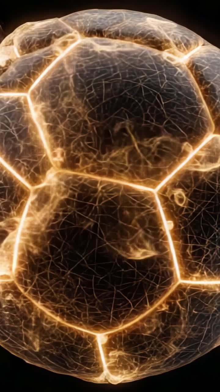 Una straordinaria visualizzazione di un pallone da calcio futuristico illuminato con energia dinamica e motivi geometrici unici su uno sfondo scuro.
