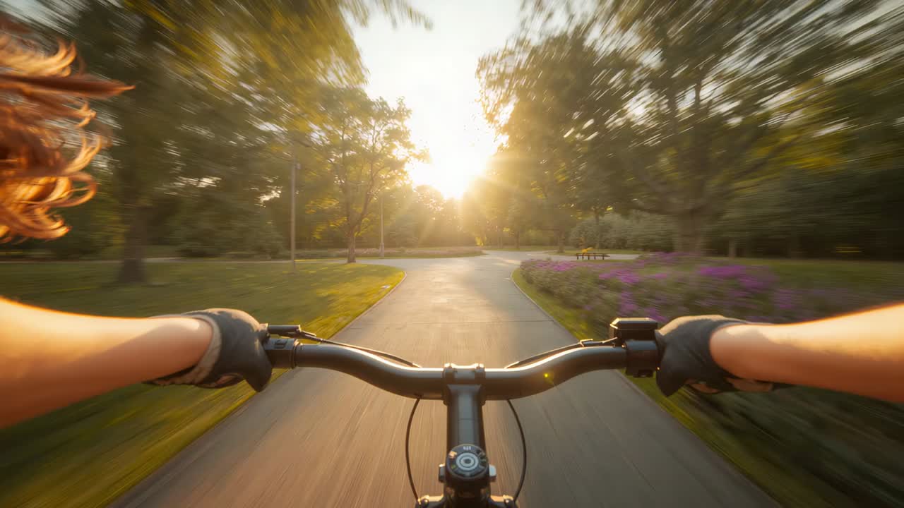 Riding bars, low sun causing lens flare as rider's short-sleeved gloved hands steering park path