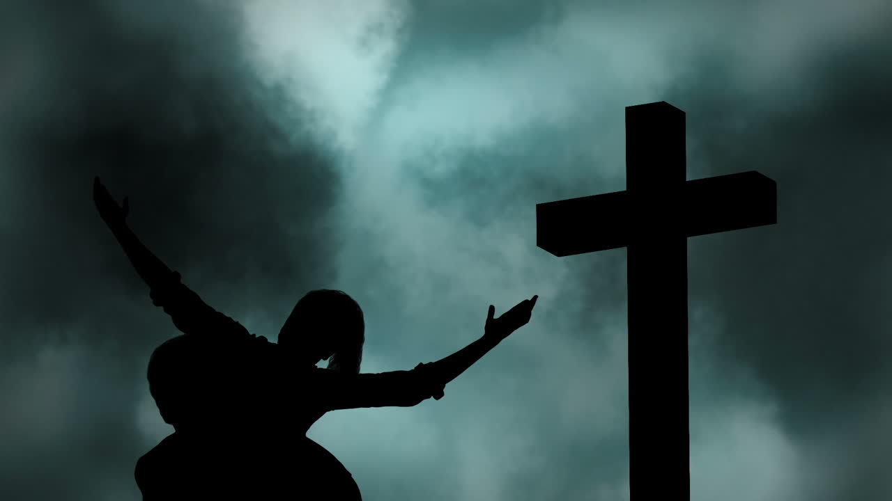 구름 과 십자가 위 에 있는 부부 의 실루 ⁇  의 애니메이션