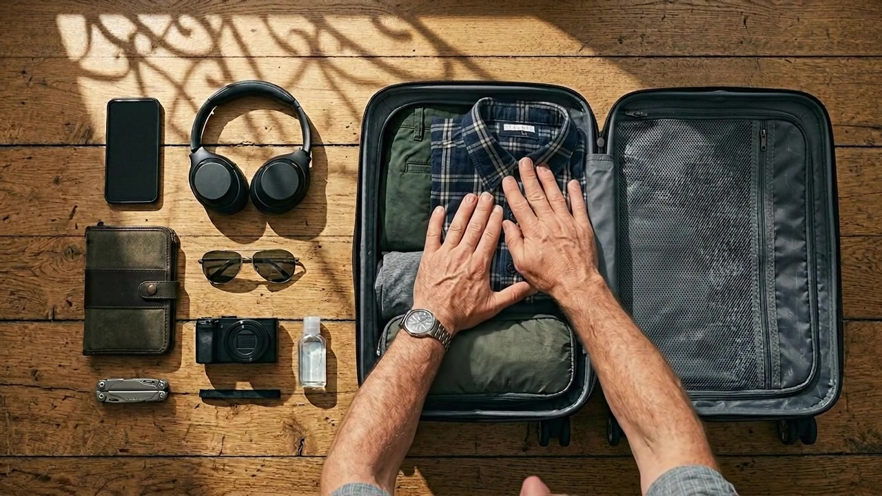 Top View of Traveler Packing Luggage With Camera and Travel Accessories
