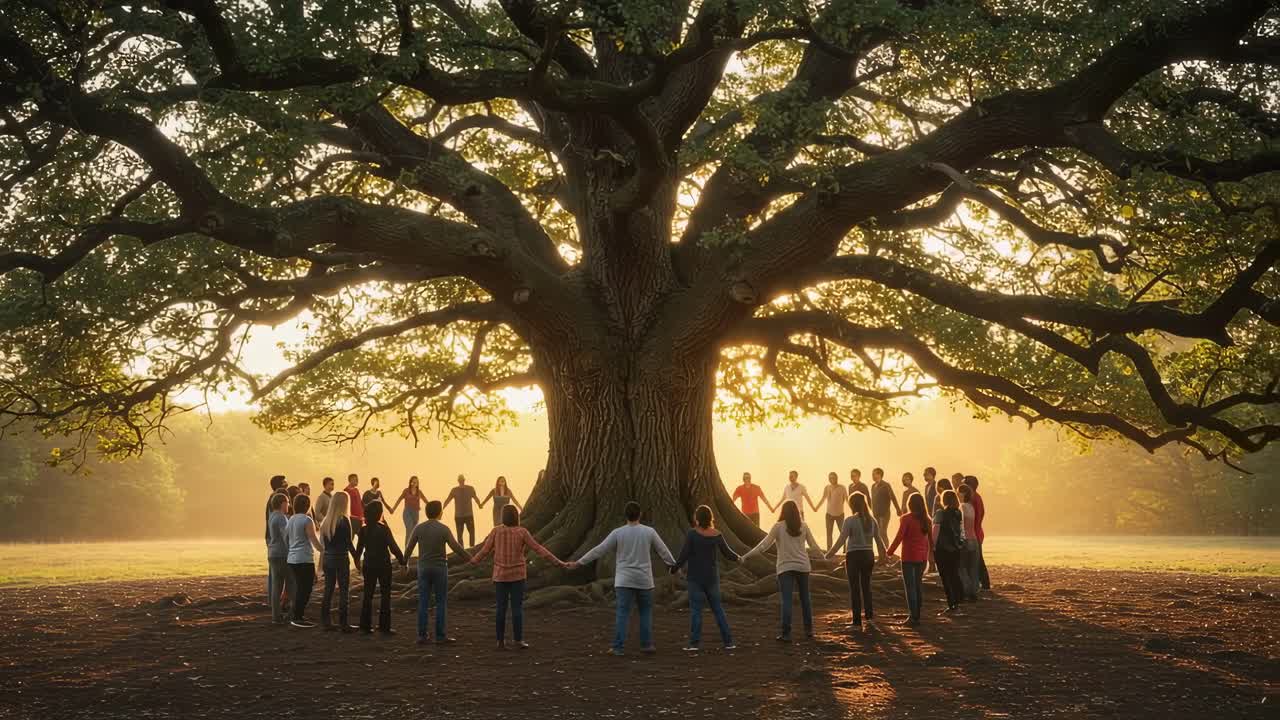 A group of friends converges beneath the sprawling branches of a majestic tree at sunset, celebrating their unity and connection with nature