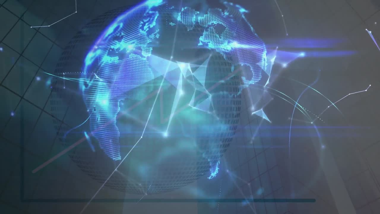 animación de formas geométricas y luces sobre un globo giratorio en espacio azul y negro