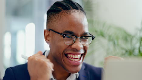 business man, computer and fist to celebrate