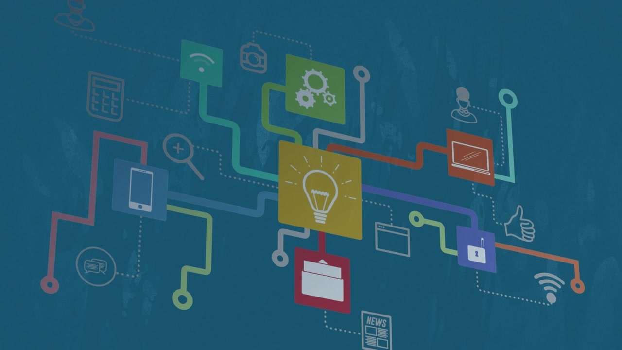 Animation of network of connections with icons on blue background