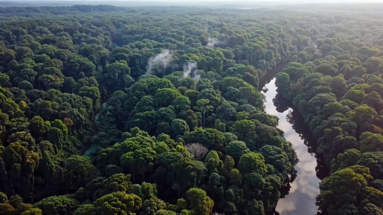 Luchtfoto van een weelderig groen bos met een kronkelende rivier