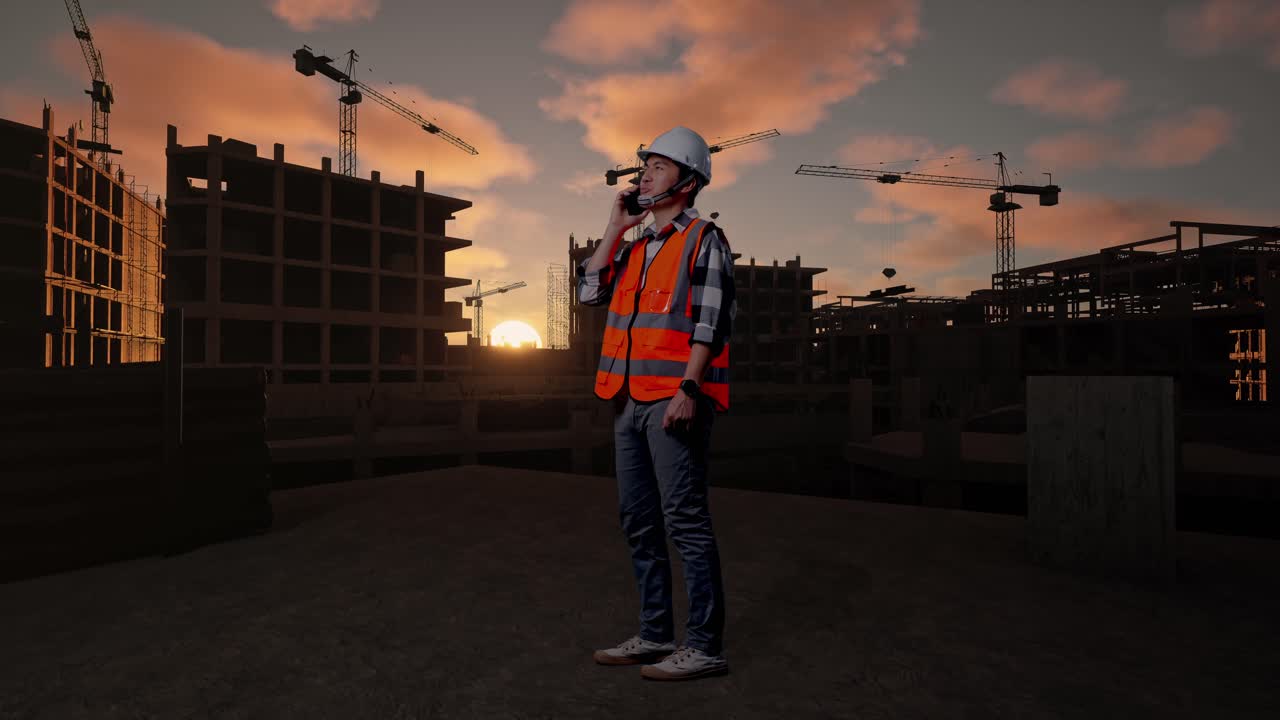 Full Body Side View Of Asian Male Engineer With Safety Helmet Talking On Smartphone While Standing At Building & Construction Site in Progress to New House