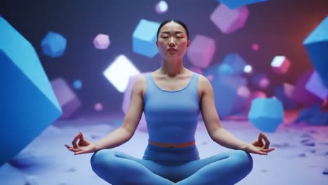 a peaceful woman in yoga pose, meditating amidst colorful geometric shapes, embracing calmness and mindfulness in a serene environment